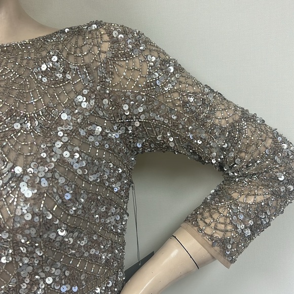 Theia fully beaded long sleeves V-Back midi dress - Picture 5 of 13